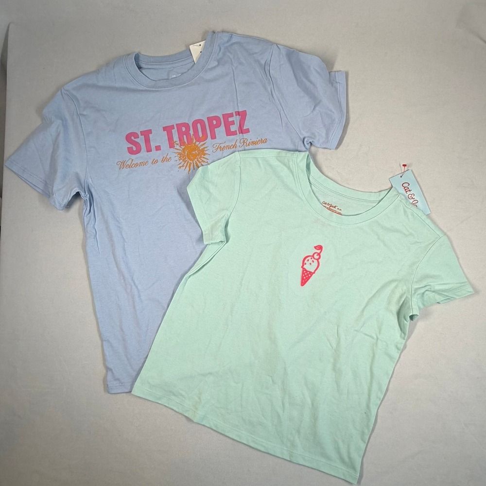 Cat & Jack Girls Graphic T-Shirt Bundle Mint Ice Cream St Tropez Blue‎ Medium 8